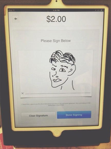 &nbsp; &nbsp; &nbsp; &nbsp; 7.7.13 Portrait of David drawn by Natalie on the register at the Lucky Llama.